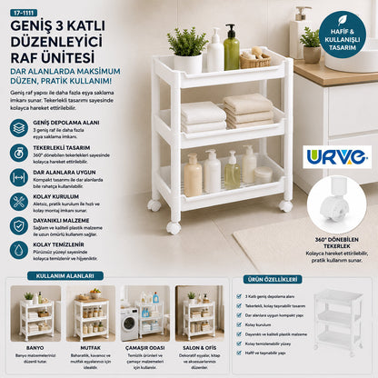 Rafty Geniş 3 Katlı Tekerlekli Sepet Organizer Düzenleyici Raf Ünitesi 352X220X480MM