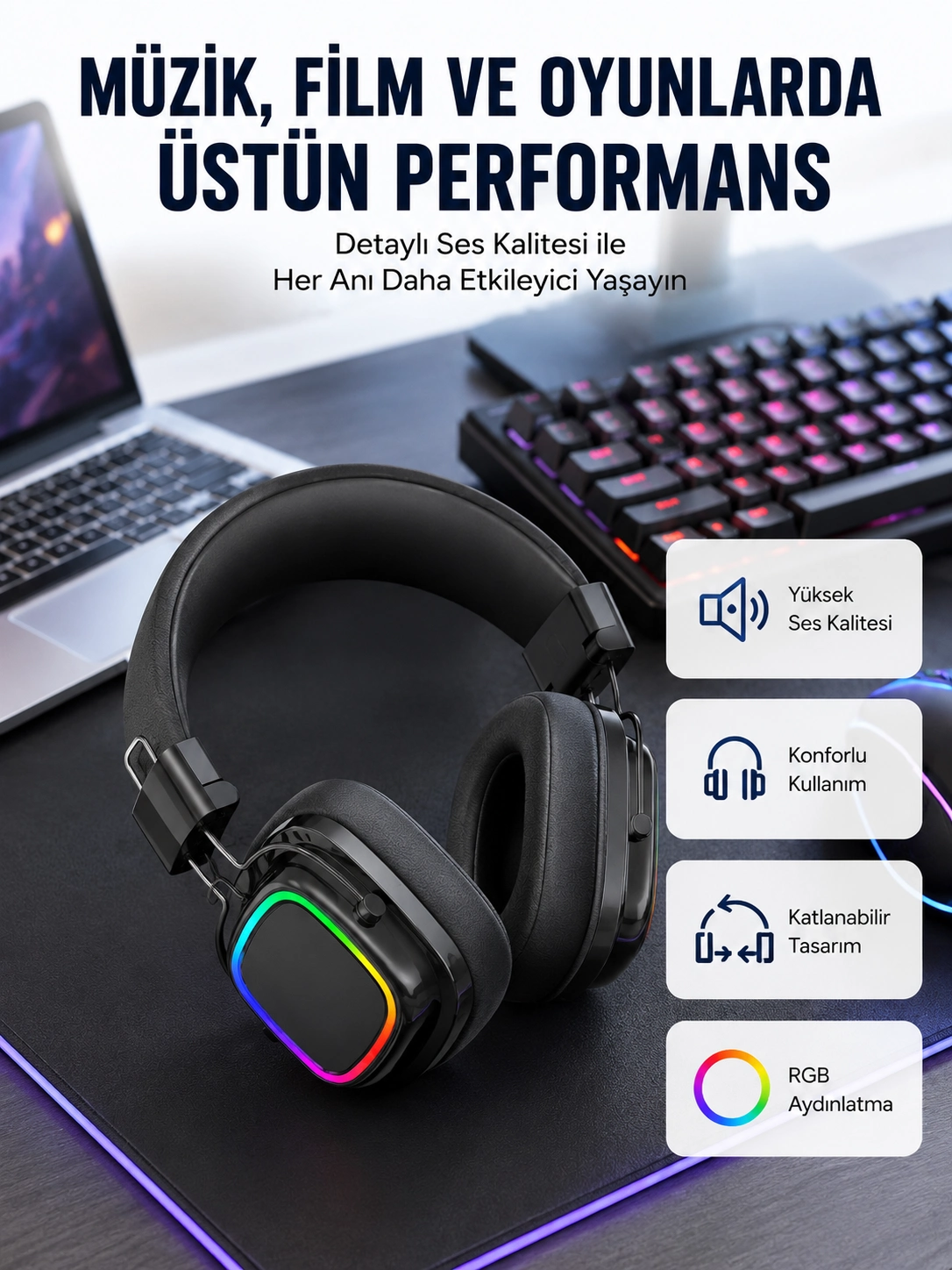 Rgb Işıklı Katlanabilir Bluetooth 5.3 Kulak Üstü Kulaklık