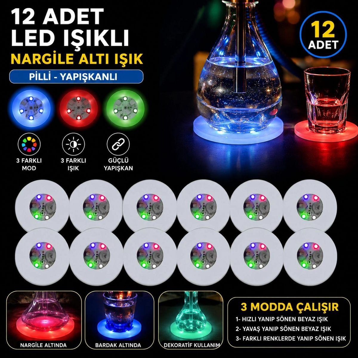 Rgb Led Nargile Altı Işık 12’li Set