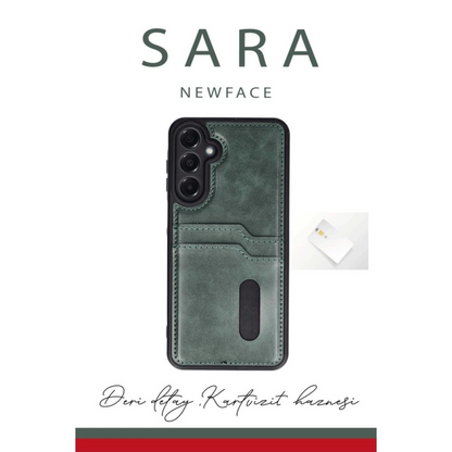 Samsung Galaxy A56 Kılıf Sara Kartvizitli Deri Kılıf - Koyu Yeşil