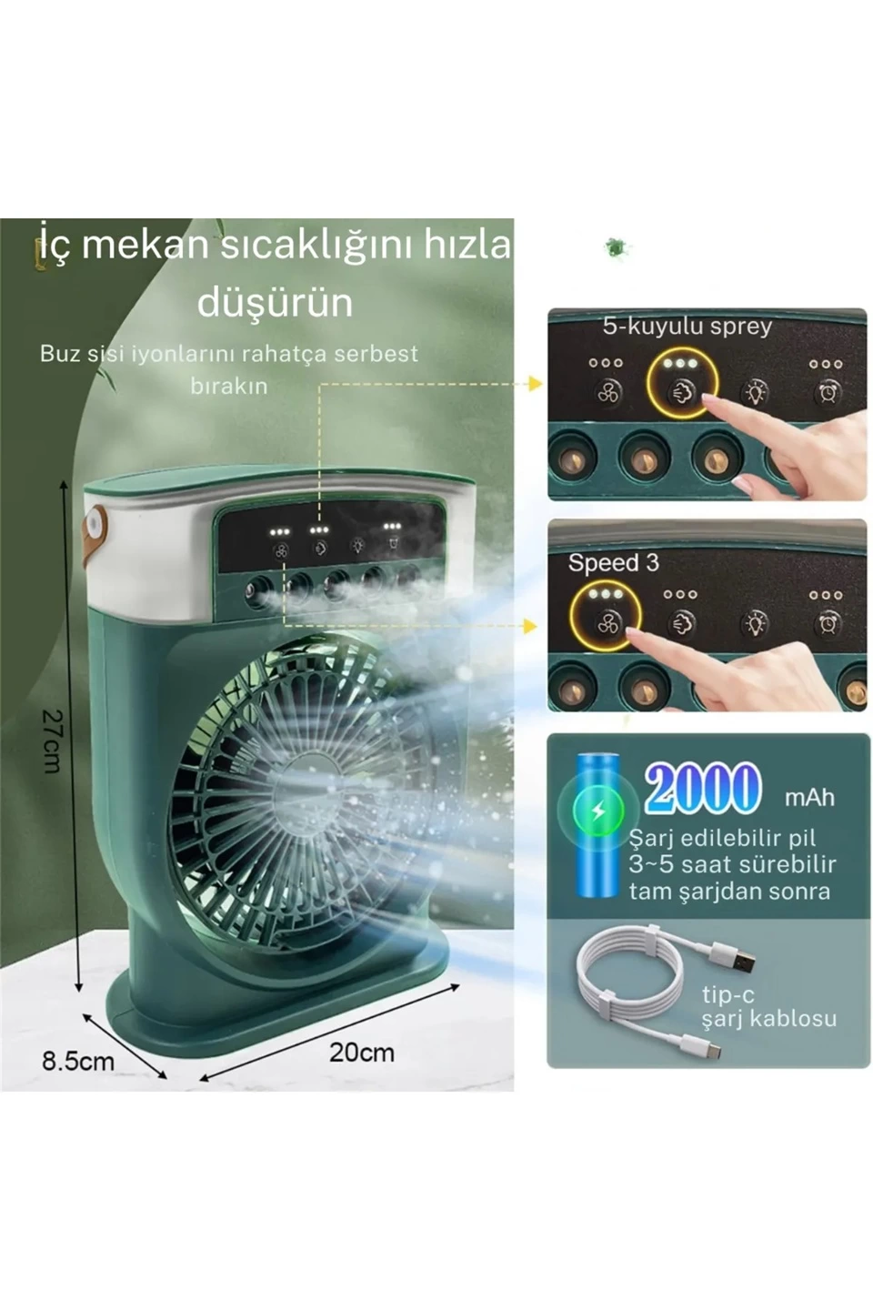 Şarjlı 600 Ml Su Hazneli Taşınabilir Masaüstü Vanilatör Güçlü Fan Ve 2000 Mah Pil Beyaz