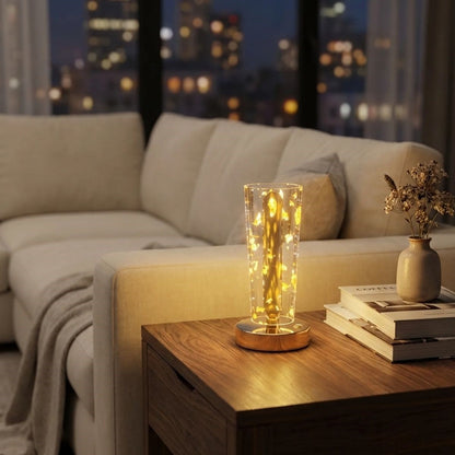 Silindirik Kristal Altın Toz Model LED Masa Lambası – Gold Tabanlı, Dokunmatik, 3 Renk Işık Modlu, Şarjlı Modern Dekoratif Gece Lambası (5643)