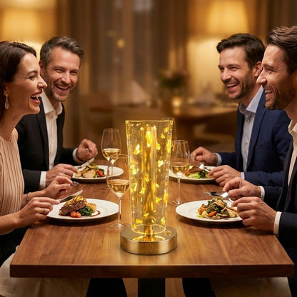 Silindirik Kristal Altın Toz Model LED Masa Lambası – Gold Tabanlı, Dokunmatik, 3 Renk Işık Modlu, Şarjlı Modern Dekoratif Gece Lambası (5643)