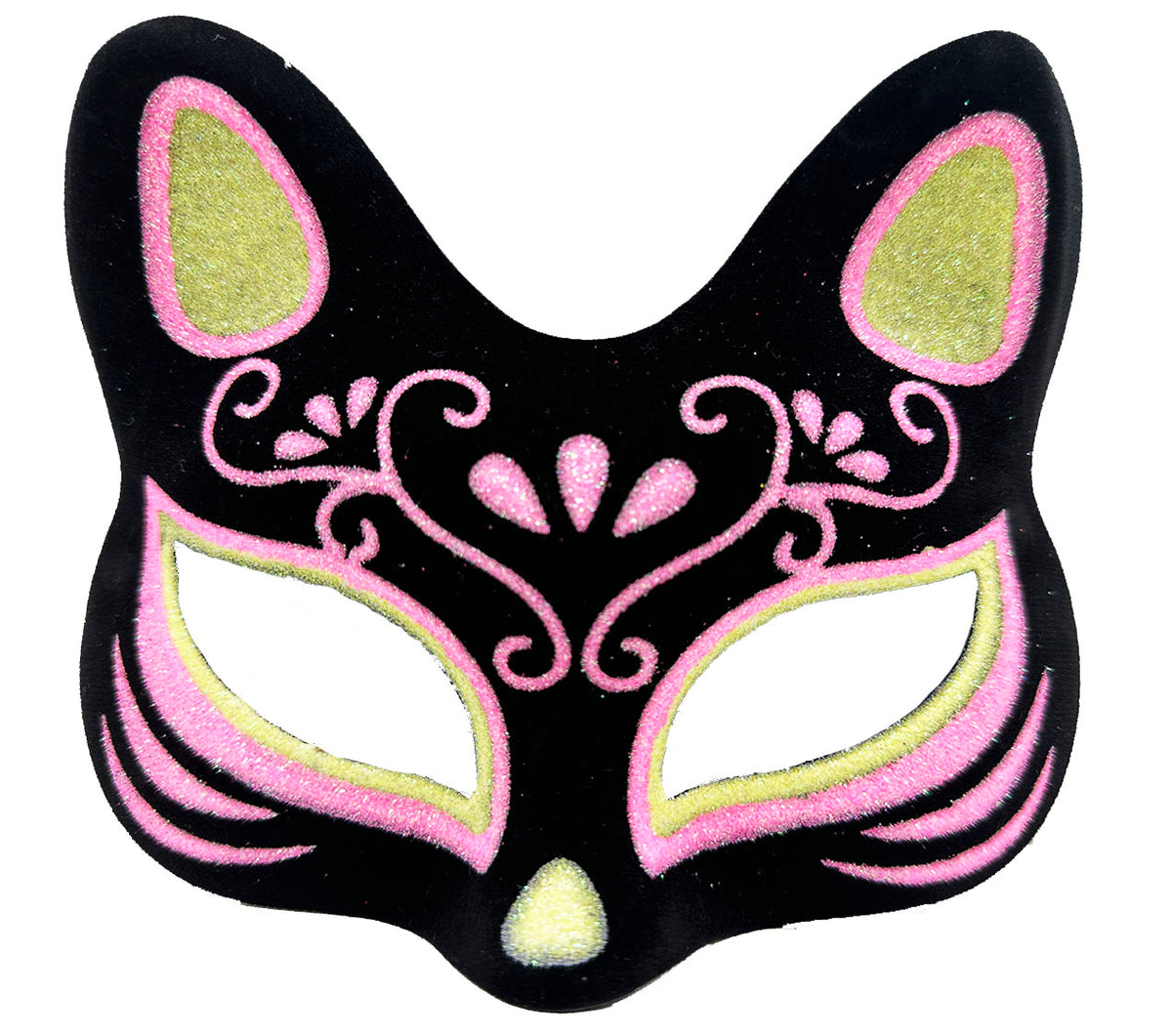 Siyah Renk Süet Kaplama Üzeri Sarı Pembe Simli Kedi Maskesi 17x14 cm (5643)