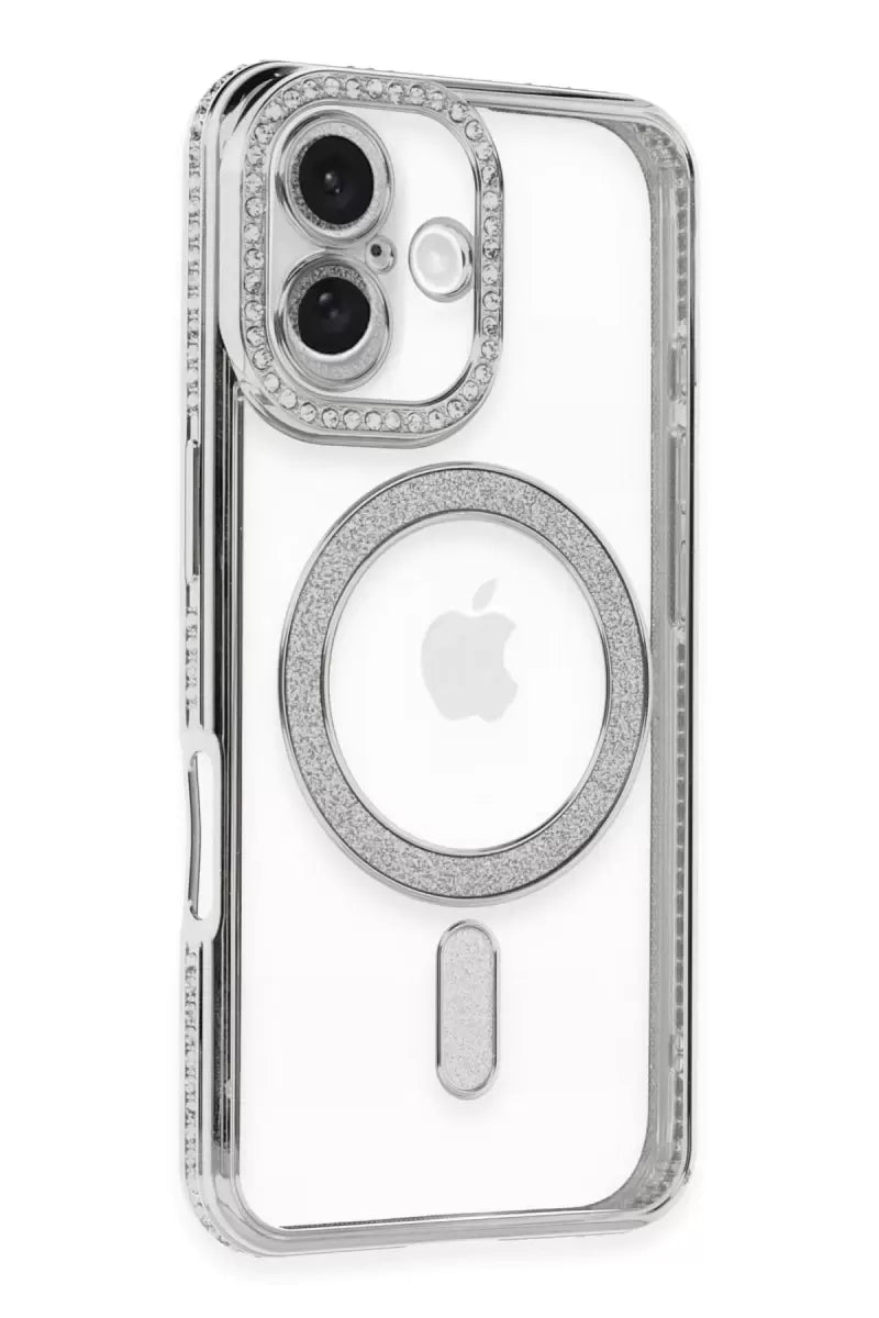 Newface Apple İphone 16 Kılıf Joke Simli Magneticsafe Kılıf - Gümüş