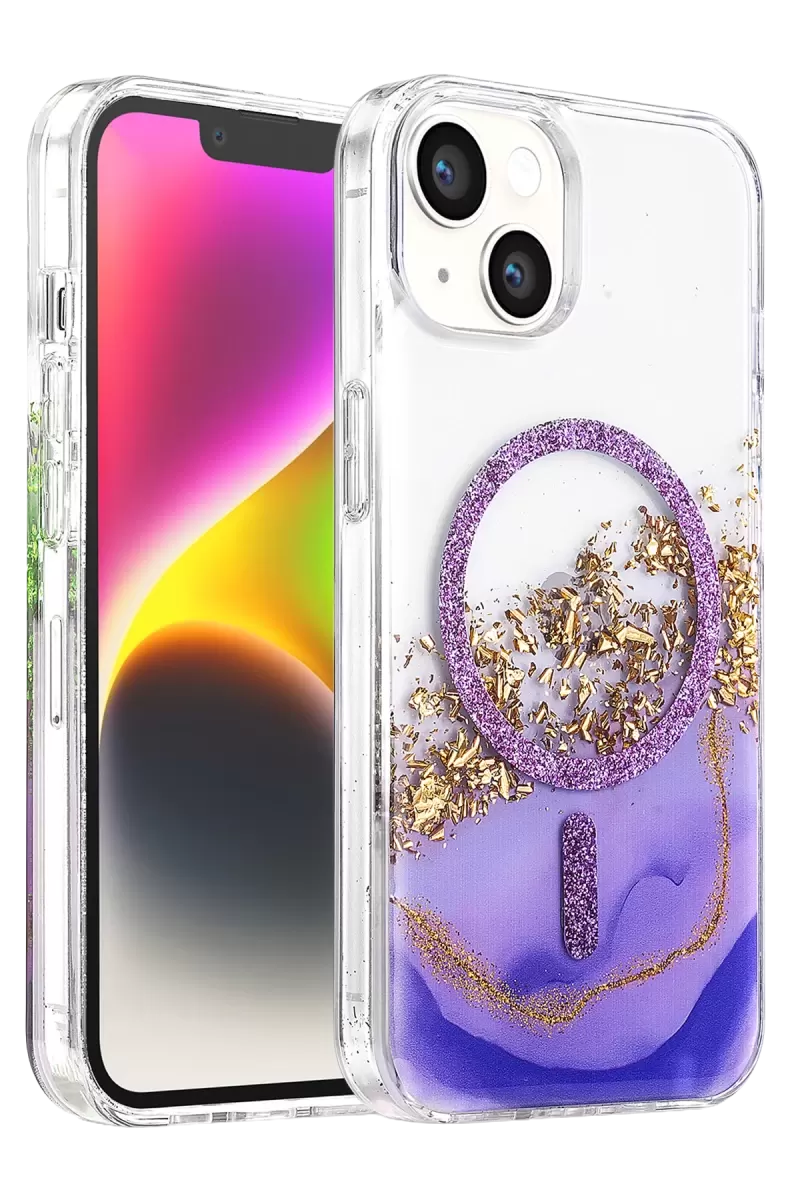 Onegif Apple İphone 14 Lotus Simli Magsafe Kapak - Mor