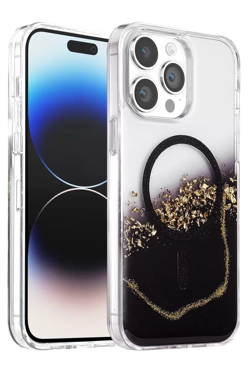 Onegif Apple İphone 14 Pro Max Lotus Simli Magsafe Kapak - Siyah