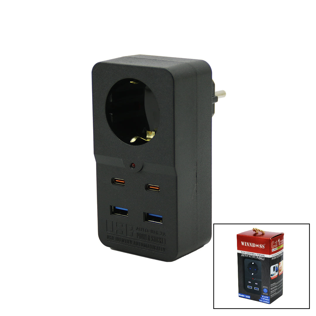 TERMAL AKIM KORUMALI 1XPRİZ 2X USB 2X TYPE-C DUVAR TİPİ PRİZ SİYAH 10A - 2500W (5643)
