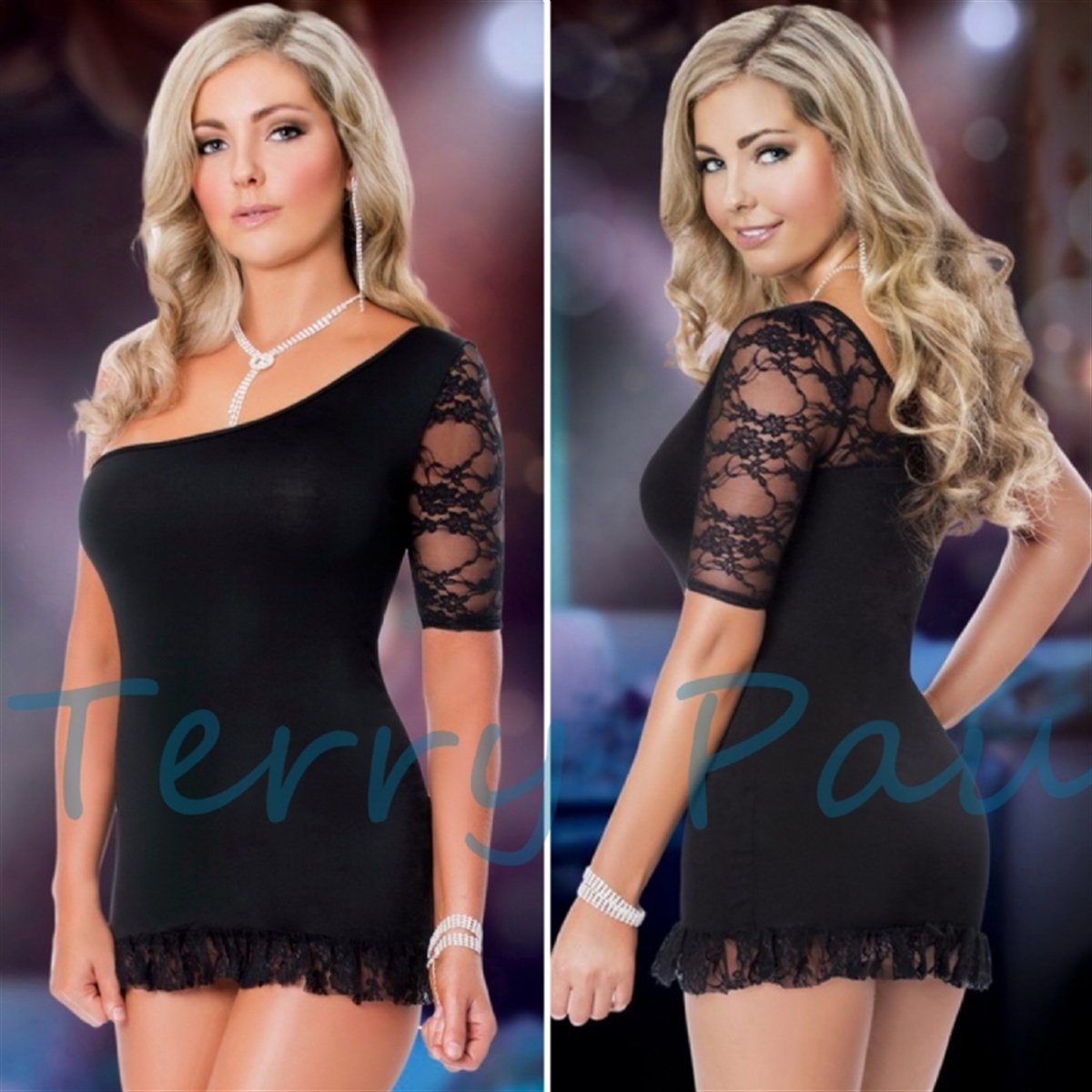Asimetrik Dantel Elbise - Renkli / XL