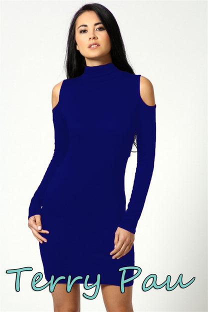 Omuzu Açık Uzun Kollu Elbise - Renkli / L/XL