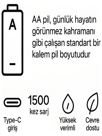 Type-c Şarjlı 2800mwh 1.5v Şarj Edilebilir 2’li Aa5 Kalın Pil - Lityum Iyon Batarya