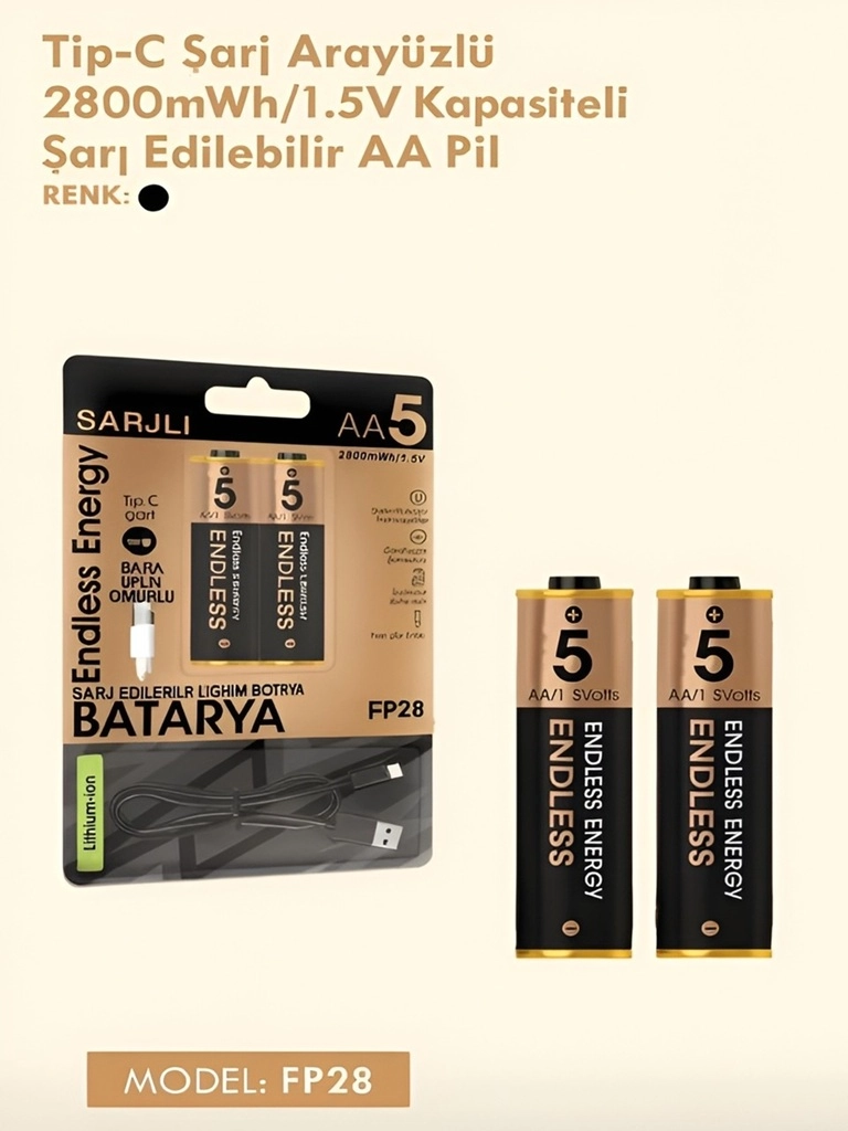 Type-c Şarjlı 2800mwh 1.5v Şarj Edilebilir 2’li Aa5 Kalın Pil - Lityum Iyon Batarya