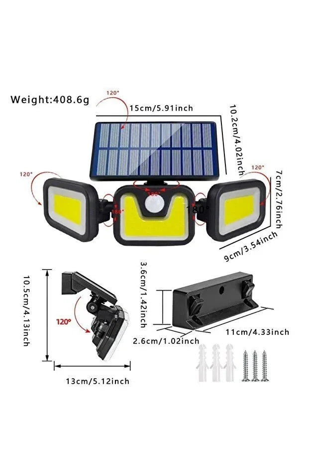 Üçlü Solar Led Projektör – Beyaz Işık – Sensörlü Dış Mekân Aydınlatma (5643)