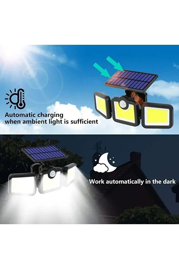 Üçlü Solar Led Projektör – Beyaz Işık – Sensörlü Dış Mekân Aydınlatma (5643)