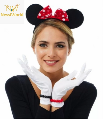 Kırmızı Fiyonklu Minnie Mouse Tacı Ve Beyaz Eldiven Seti