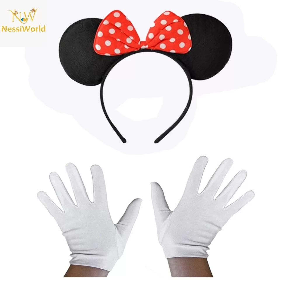 Kırmızı Fiyonklu Minnie Mouse Tacı Ve Beyaz Eldiven Seti