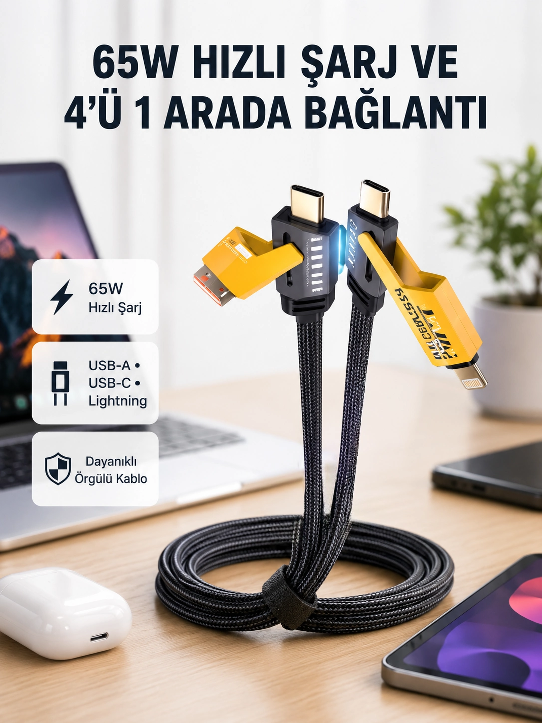Usb-c Usb-a 4’ü 1 Arada Örgülü Kablo 65w Hızlı Şarj Metal Uç Dayanıklı
