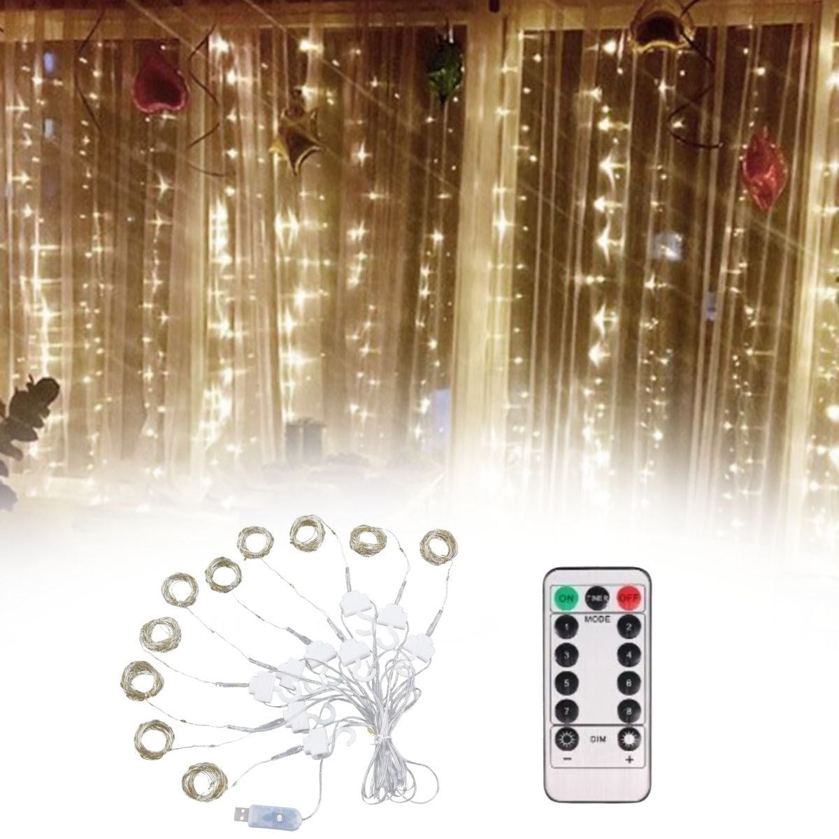 Uzaktan Kumandalı LED Perdeye Takılabilen Kancalı Işık Usb 3x3 Metre Peri Perde LED (5643)