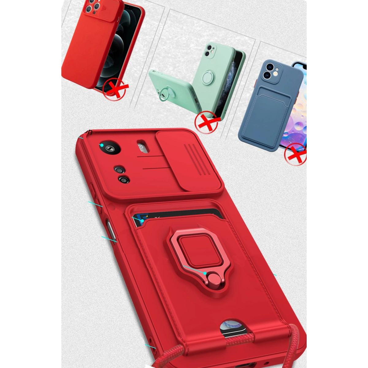 Xiaomi Redmi 13c Kılıf Zuma Kartvizitli Yüzüklü Silikon - Kırmızı