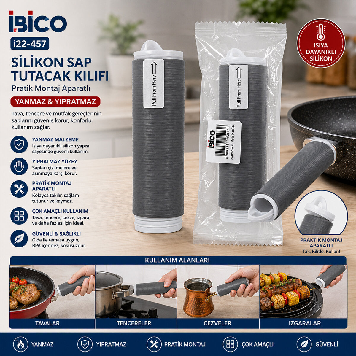 YANMAZ - YIPRATMAZ TAVA - ÇOK AMAÇLI SİLİKON SAP TUTACAK KILIFI PRATİK MONTAJ APARATLI (5643)