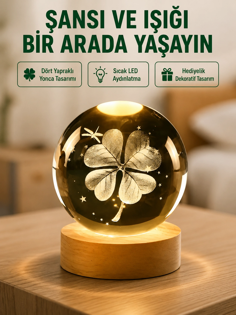 Yonca Figürlü Cam Küre Usb Işıklı Ahşap Tabanlı Dekoratif Masa Lambası
