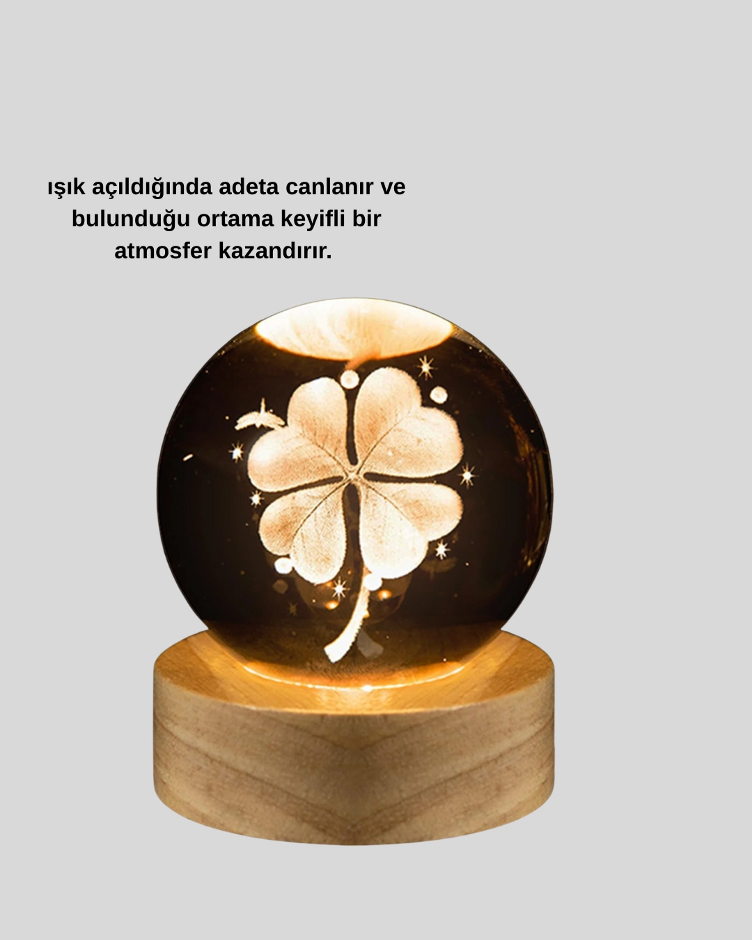 Yonca Figürlü Cam Küre Usb Işıklı Ahşap Tabanlı Dekoratif Masa Lambası