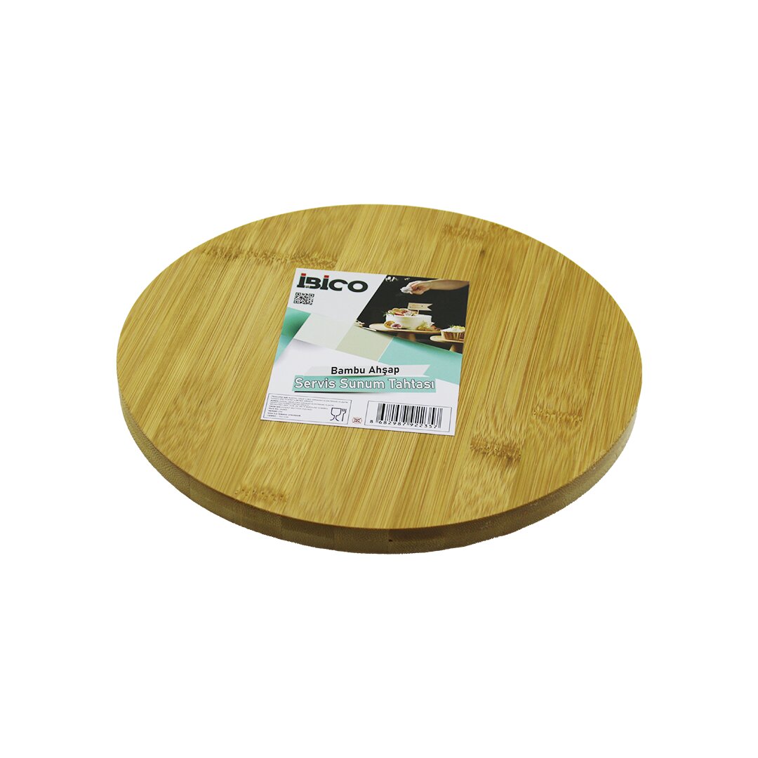 YUVARLAK=24.5CM Ayaklı= 4CM Düz Yüzey Ahşap Bambu Sunum Tepsisi - Mini Sofra