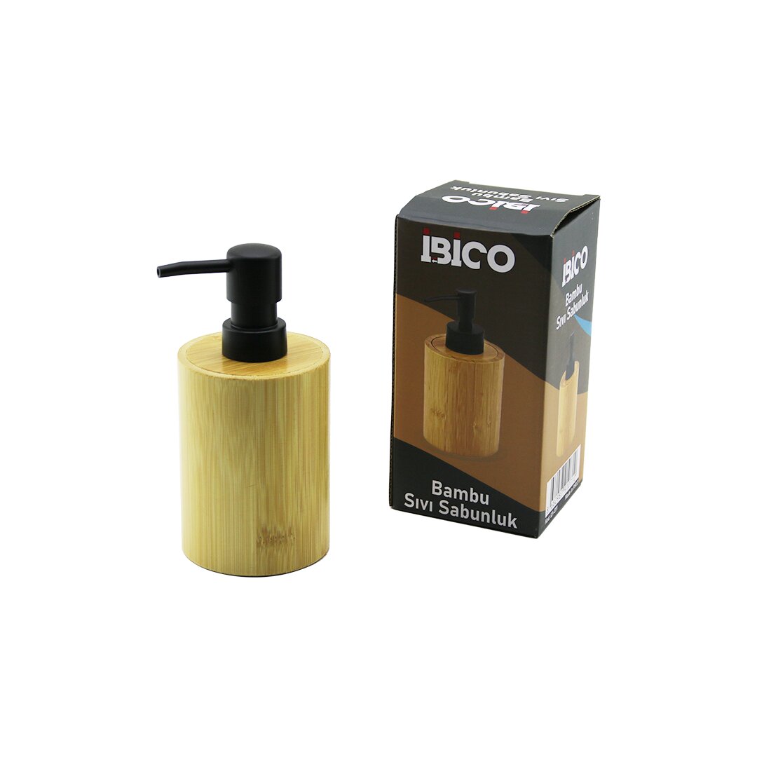 YUVARLAK AHŞAP BAMBU SIVI SABUNLUK SİYAH PLASTİK POMPA ÇAP: 8CM - Y: 11CM (5643)
