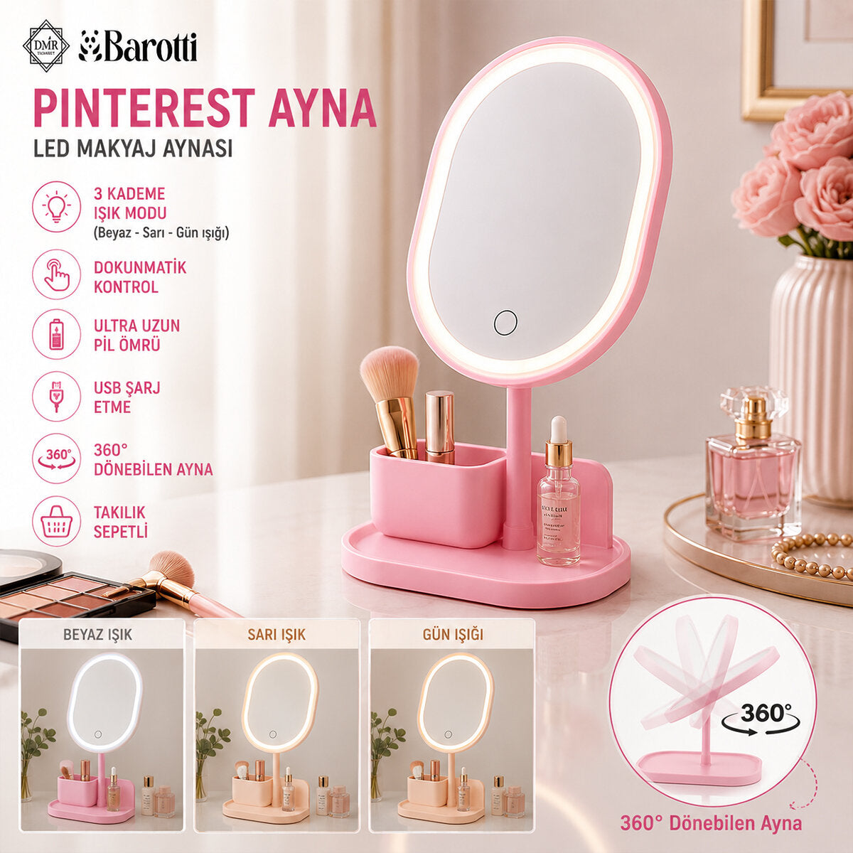 YUVARLAK- DÜZ KENAR 7 İNÇ LEDLİ - USB ŞARJLI MAKYAJ AYNASI 90°TAKILIKLI AYAKR.PLS 17.5CM (5643)