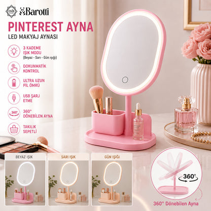 YUVARLAK- DÜZ KENAR 7 İNÇ LEDLİ - USB ŞARJLI MAKYAJ AYNASI 90°TAKILIKLI AYAKR.PLS 17.5CM (5643)