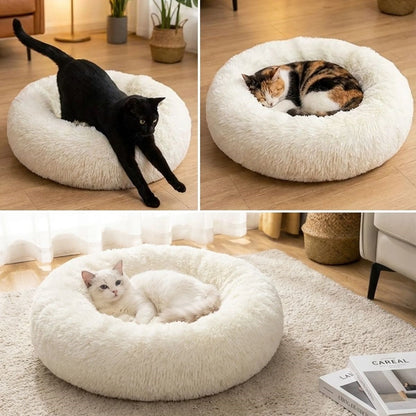 Yuvarlak Ultra Yumuşak Welsoft Peluş Kedi ve Köpek Yatağı – Kaymaz Taban Tüylü Pet Pufu,Uyku Minderi (krem) (5643)
