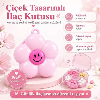Sunup Sn-38886 Hap Saklama Kutusu 5 Bölmeli Çiçek Tasarımlı Taşınabilir Anahtarlıklı Organizatör